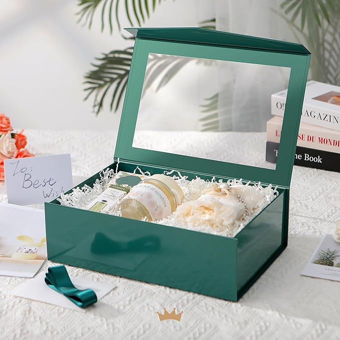 PACKQUEEN Large Green Christmas Gift Box with Window, 13.5x9x4.1 Inches Clear Gift Box for Present Contains Ribbon, Card, Groomsman Proposal Box with Magnetic Lid (Glossy Green)