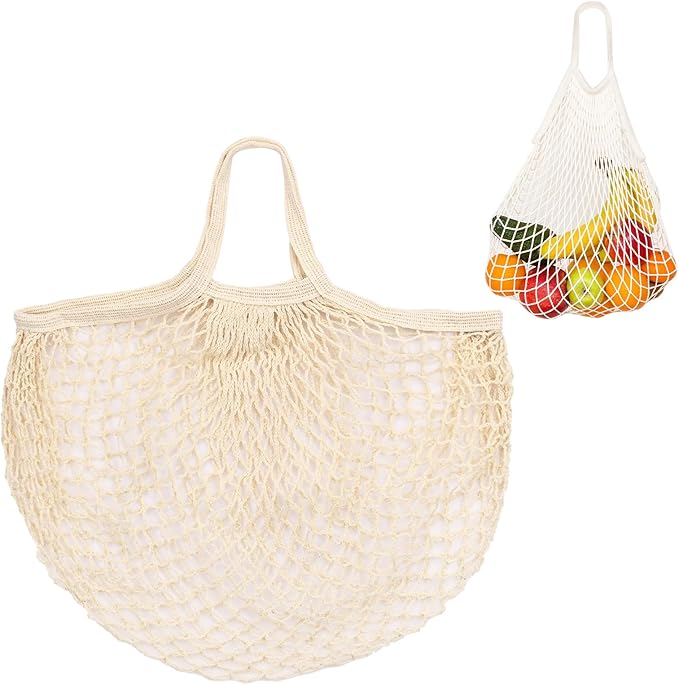 1-Pack Cotton Mesh Bag, Reusable Washable Mesh Net String Grocery Bags, Reusable Produce Bags with Handle, Net Tote Bag for Fruits/Vegetables Shopping [Cream, Short Handle]