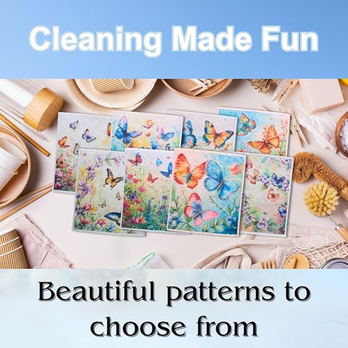 Swedish Dishcloths for Kitchen - Ecofriendly Reusable Paper Towels, Biodegradable Dish Cloths - Cellulose Sponge Dish Cloths for Washing Dishes - 8 Pack (Butterfly)