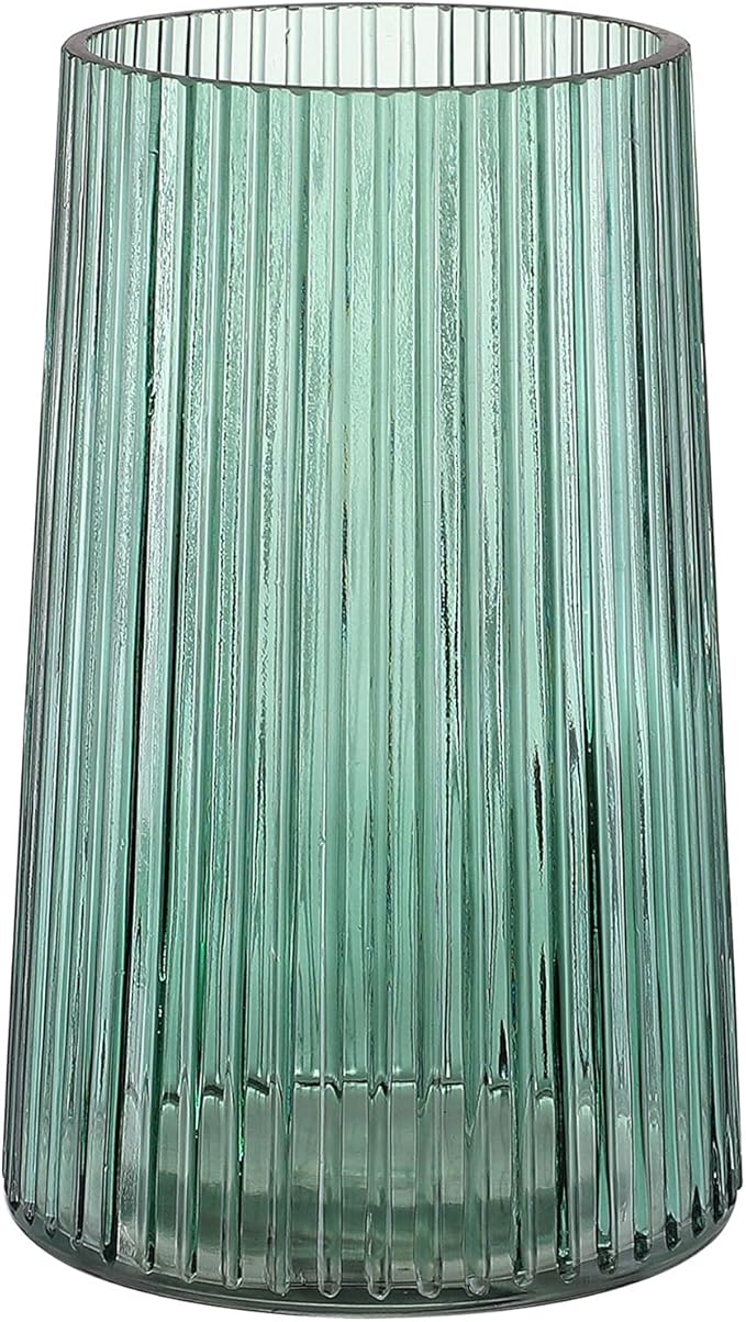 Green Glass Vase for Flower, Flower Vase for Bouquet, Modern Glass Vases, Ribbed Vases for Living Room, Bedroom, Dining Table, Office, Wedding, Centerpieces, 8 Inches