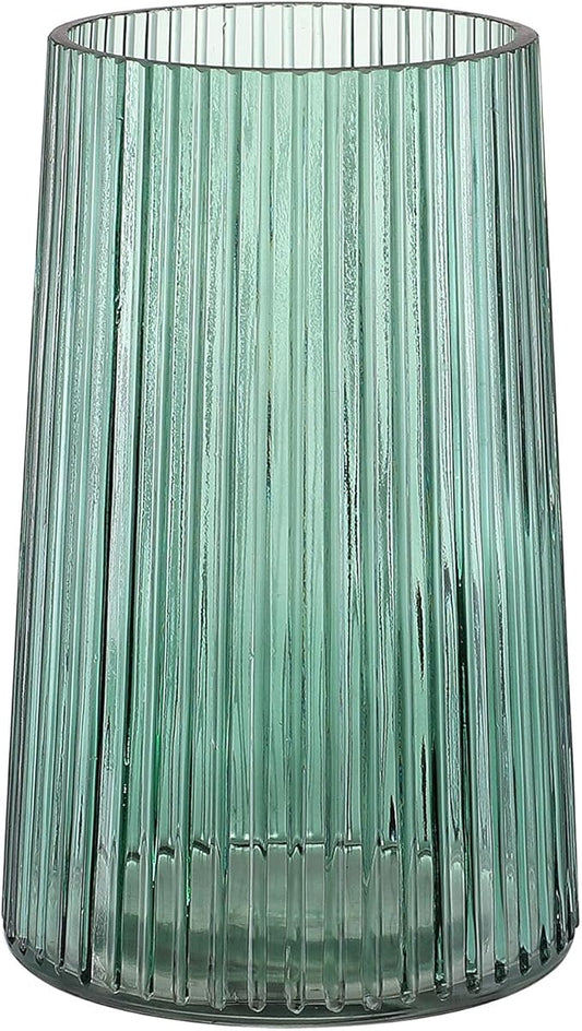 Green Glass Vase for Flower, Flower Vase for Bouquet, Modern Glass Vases, Ribbed Vases for Living Room, Bedroom, Dining Table, Office, Wedding, Centerpieces, 8 Inches