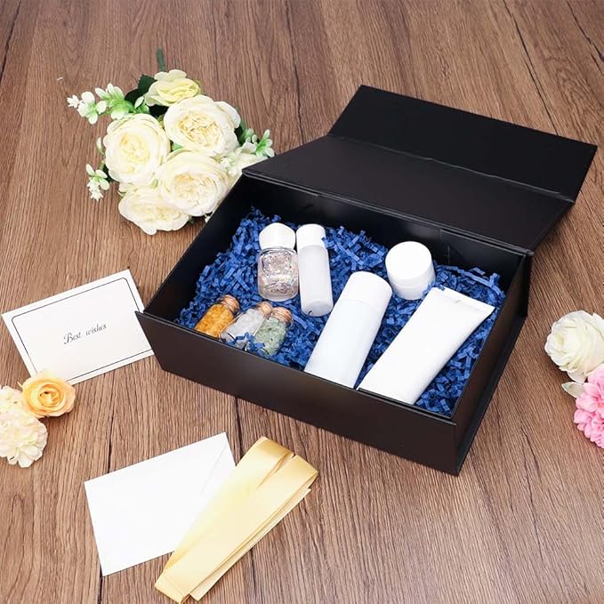 UoeRing 1 Pcs Black Gift Box,9.5x6x3 Magnetic Gift Box for Presents with Lids Rectangle Collapsible for Bridesmaid Proposal Box,Wedding,Christmas,Birthday Gift Packging with Ribbon Card Envelope