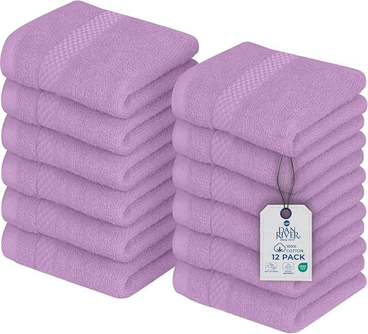 DAN RIVER 12-Pack Premium 100% Cotton Lavendar Face Towels – Reusable Face Towel Set, Soft & Absorbent Wash Rags for Bathroom & Body – Hand and Face Towels, 550 GSM (12x12 in)