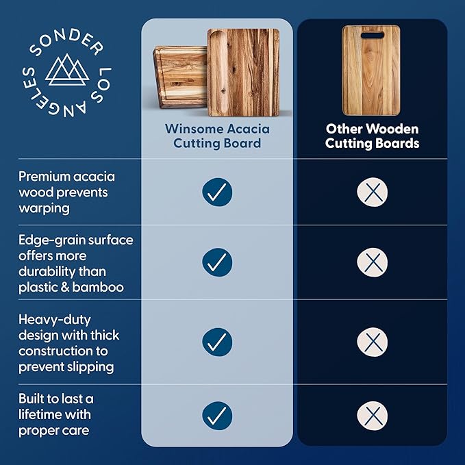 Sonder Los Angeles, Thick Sustainable Acacia Wood Cutting Board for Kitchen with Juice Groove, Sorting Compartment, Charcuterie 16x12x1.5 in (Gift Box Included)