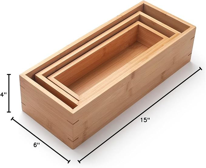 3Pcs Bamboo Bathroom Tray, Bathroom Organizer, Wooden Basket Tray for Counter Toilet Tank Top, Home Decor Wood Box for Toilet Paper Storage