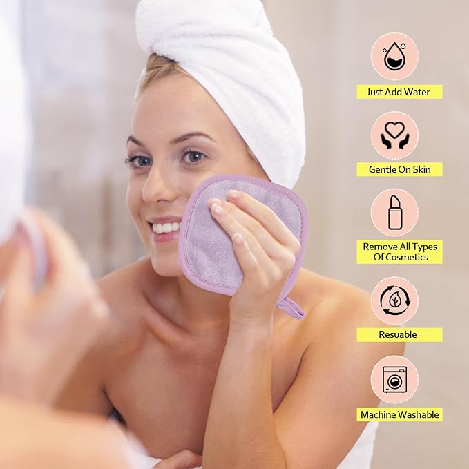 HOMEXCEL Makeup Remover Cloth 12 Count (Pack of 1), Reusable Makeup Remover Pads, Washable Ultra Soft Facial Cleansing Cloths For All Skin Types, 5 X 5 In, Purple