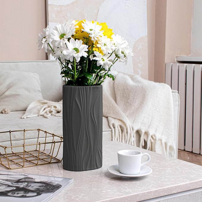 Black Flower Vase - Modern Ceramic Vase for Home Décor - Black Matte Vase for Living Room - Boho Vase for Pampas Grass
