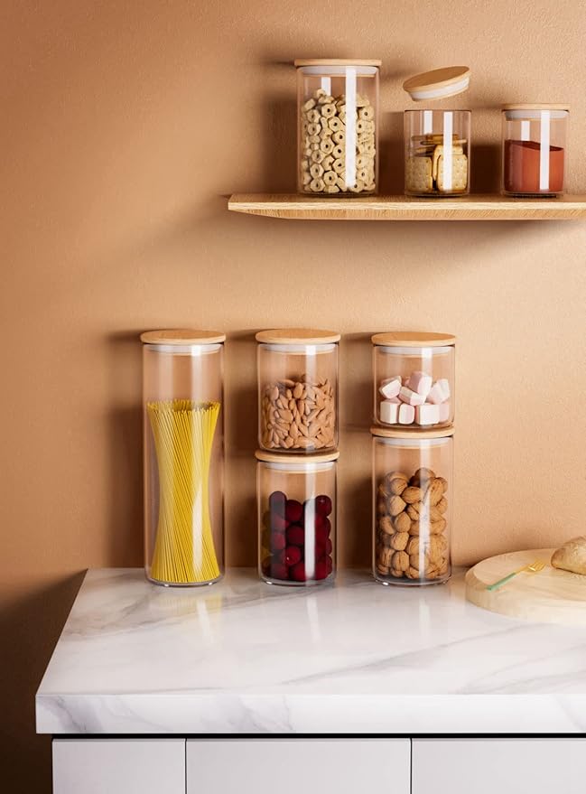 12 FL Oz Glass Jars with Bamboo Lid Set, 8Pack UPGRADE Clear Food Storage Canisters Kitchen Pantry Containers, for Spice Herb Nuts Tea Seed Seasoning Dry Foods Bean Sugar Snack Candy