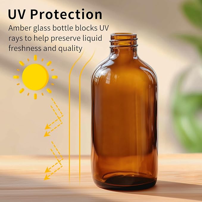 24 Pack 8oz Amber Glass Boston Round Bottles with Phenolic Polycone Caps – Airtight, Leak-Proof Brown Glass Containers for Kombucha Brewing, Storing Condiments, Essential Oils, and Homemade Solutions