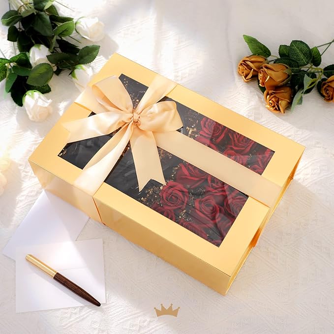 PACKQUEEN 5 Large Gold Christmas Gift Boxes with Windows, 13.5x9x4.1 Inches Clear Gift Boxes for Presents Contain Ribbons, Cards, Bridesmaid Proposal Boxes, Boxes with Magnetic Lids (Glossy Gold)