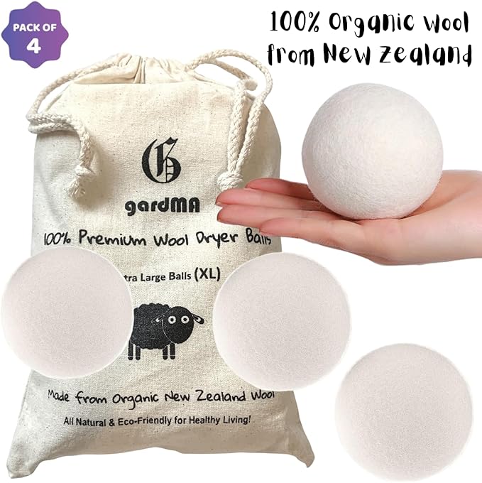 Wool Dryer Balls Organic Premium | 4 Balls XL, Ethically & Humanely Made, Natural Fabric Softener, Laundry Dryer Balls Reusable, Wrinkle Release, Organic Fabric Softener Ball, Say No! to Dryer Sheets
