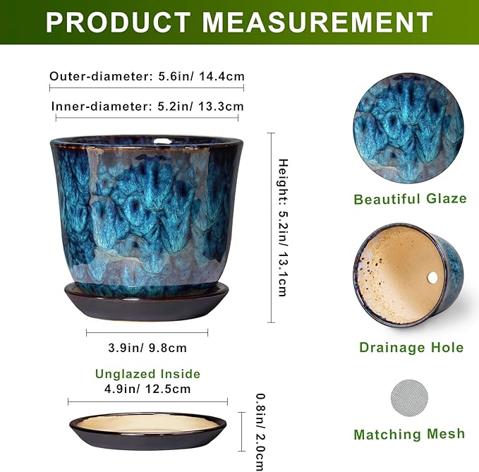 5.6 Inch Plant Pot - Ceramic Pots for Plants with Drainage Hole and Saucer, Round Succulent Flower Orchid Pot for Indoor Outdoor, Modern Planter, Home Room Decor, Gift for Plant Lover, Blue