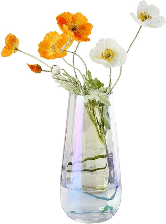 Irised Crystal Glass Vase Modern Flower vases for Bouquet,H-9.8" Tear Drop Design for Home Floor Decor,Farmhouse Decor, Centerpiece Office Table Decorations(Irised)