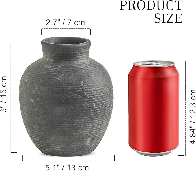 Ceramic Flower Vase Home Decor - Small Farmhouse Table Vases Rustic Vintage Living Room Kitchen Bedroom Decorations for House Book Shelf Office Coffee Desk Dining Fireplace (6" Black)