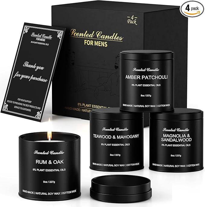Scented Candle Gift Sets | Men's Gift Aromatherapy Candles | 4 Pack(32oz) Matte Black Tin Jar Long Burn Candle Sets for Men | Men Soy Wax Candle Gifts of Christmas,Boyfriend and Father's Day