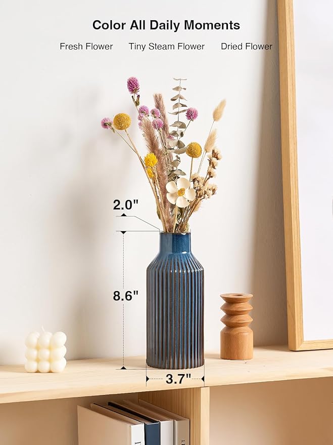 Blue Ceramic Flower Vase, Minimalist Decor, Modern Home Decorative Vase, 8 Inch Small Pampas Grass Vases for Kitchen, Bedroom, Office, Living Room, Bathroom, Shelf Centerpiece Table
