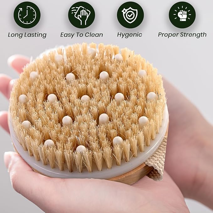 Large Dry Brushing Body Brush - Natural Boar Bristle Brush for Lymphatic Drainage, Cellulite, Blood Circulation - Skin Massage Nodes for Detox, Flawless Skin, Exfoliating Body Scrubber