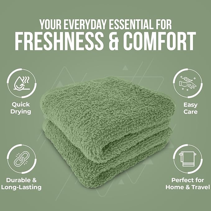 DAN RIVER 100% Cotton Wash Cloths 24 Pack [12x12] Soft & Absorbent washcloths for Showering, Gym, Hotels & Spa Perfect for Everyday Use Fingertip Towels, Sage Green