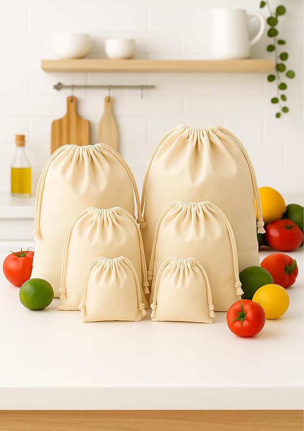 Premium Quality Organic Cotton Single Drawstring Muslin Produce Bags Pack of 6(2L+2M+2S) Multiuse - kitchen storage, Travel, Soap & Boot Storage, shoe bags -Beige