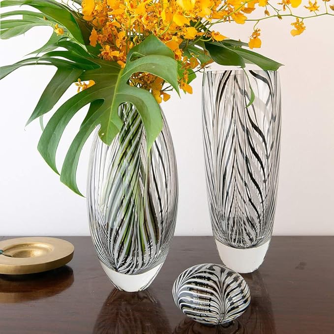 Ca D Oro Murano Style Glass Vase Black and White Feather Pattern Hand Blown Art Glass for Flower, Room Decoration and Centerpiece - Model 54 MS