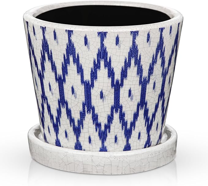 Plant Pots 5.5 Inch, Ceramic Planter with Drainage Hole and Saucer for Indoor Plants, Ice Crack Diamond Pattern Vintage Garden Pots for Succulent Orchid Snake Plants Flower (Blue)