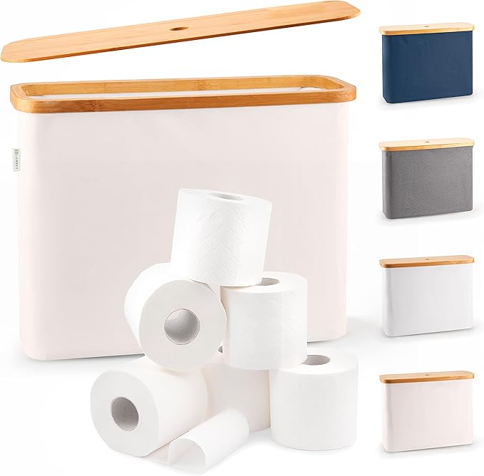 LONBET Toilet Paper Storage for 12 Rolls, Stackable & Foldable - The Ultimate Bathroom Organizer - Waterproof Basket with Bamboo Lid - Elegant Toilet Paper Storage Holder, Beige