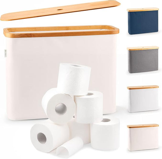LONBET Toilet Paper Storage for 12 Rolls, Stackable & Foldable - The Ultimate Bathroom Organizer - Waterproof Basket with Bamboo Lid - Elegant Toilet Paper Storage Holder, Beige