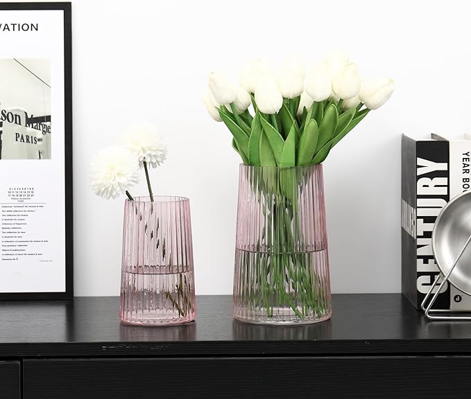 Ribbed Flower Vases Set of 2, Pink Vases for Flowers, Flower Vase for Bouquet, Modern Ribbed Glass Vase for Living Room, Bedroom, Dining Table, Office, Wedding, Centerpieces