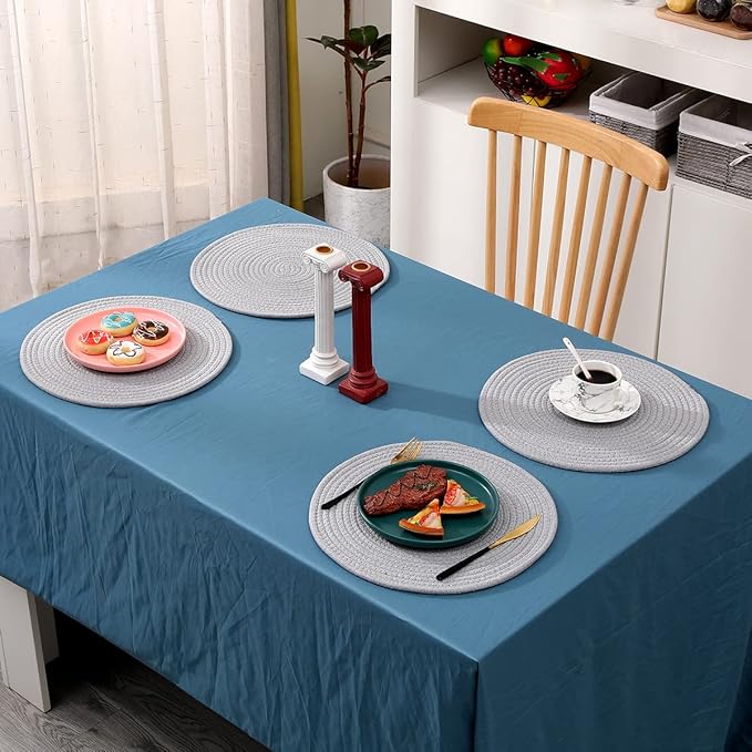 4 Pack Woven Placemats, 13.8 inches Round Plate Chargers Grey Thick Placemat Set Cotton Rope Braided Tablemats Rattan Mats Rustic Weave Placemats for Table Decoration