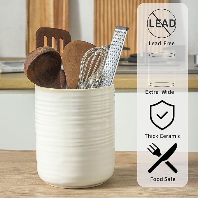 HASENSE Cooking Utensil Holder, 7.4"+5.5" Ceramic Kitchen Utensil Holder for Counter, Rustic Utensil Oganizer Crocks for Spatula, Kitchen Gift for Christmas Wedding, Set of 2, Clay-Infused White