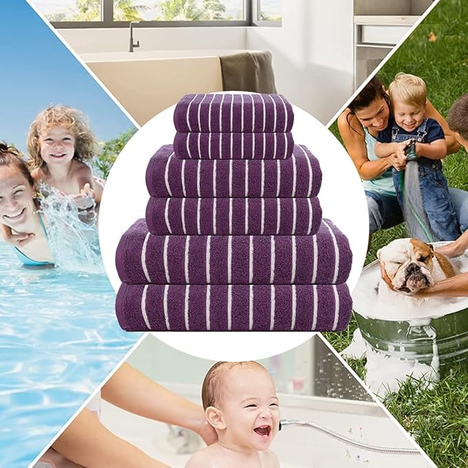 CASA COPENHAGEN Ecstatic 6 Pieces Towel Set- Dark Purple, 600 GSM 2 Bath Towel 2 Hand Towel 2 Washcloth, Designed in Denmark Made of Soft Egyptian Cotton for Bathroom, Kitchen & Shower
