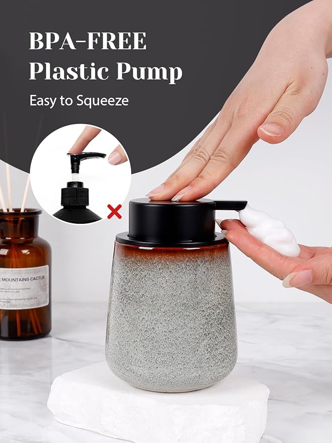 INGOFIN Ceramic Foaming Soap Dispenser -12oz Foam Hand Soap Dispenser Bathroom, Modern Refillable Dish Wash Soap Bottle for Kitchen with Large Pump,Kiln-Glazed