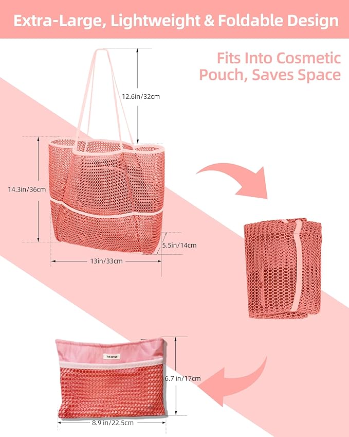 Mesh Beach Tote Bag Packable,2025 New 2-in-1 Large Lightweight Foldable Beach Bags with Multiple Pockets for Women