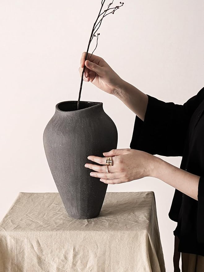 Black Ceramic Vase - Large 11.8 Inch Tall Floor Vase for Centerpieces, Farmhouse Rustic Minimalist Home Decor for Living Room, Enterway, Wedding (Sandstone Black)