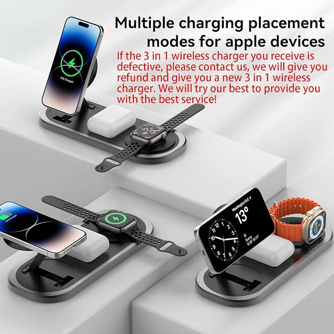 3 in 1 Fast Wireless Charger Stand for iPhone, Foldable Travel Charging Station for Magsafe for iPhone 17/Air/16/15/14/13/12 Series, Apple Watch Serie, AirPods pro/2/3/4, 2025 Christ mas Gifts (Black)