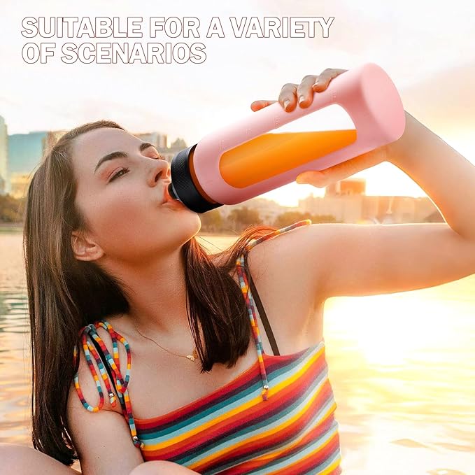 24oz Glass Water Bottle with Straw and 2 Lids-Bamboo and Spout Lid, Borosilicate Glass Water Bottle with Silicone Sleeve and Time Marker,BPA Free & Cupholder Friendly,Pink