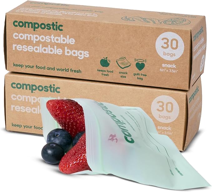 Compostic Home Compostable Resealable Snack Bags (6"x 3.5"), Microwave & Freezer Safe, Organic Food Storage Container, 60 Count