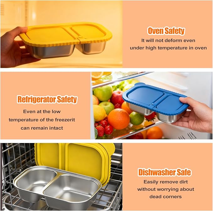 Stainless Steel Snack Containers with Silicone Lids, 2 Pack Reusable 2 Compartment Food Storage Containers, Snackle Box Container Leak-Proof Metal Bento Lunch Box for School, Travel, Home