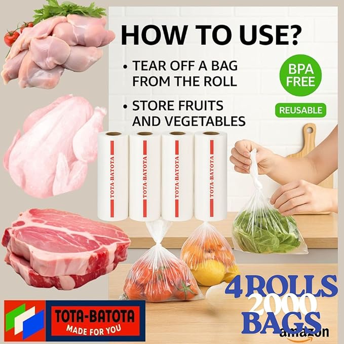 Plastic Produce Bags on Rolls – 2000 Count (4 Rolls), 10x15 in, Clear Food Storage Bags with Easy Tear Red Line, for Fruits, Vegetables, Meat, Freezer, Grocery & Commercial Use, TOTA-BATOTA