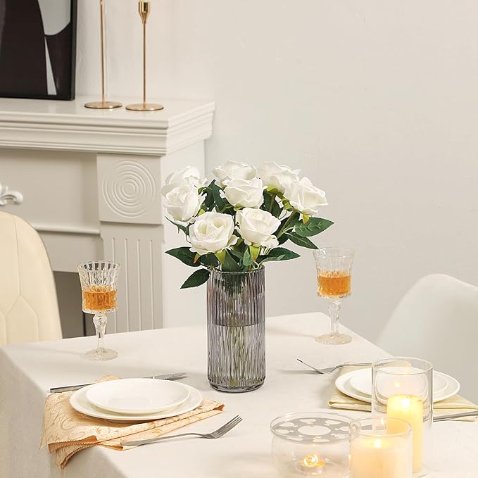 Ribbed Black Glass Vase - 8 Inch Modern Ribbed Vase for Flowers, Living Room, Bathroom, Dining Table, Office, Wedding, Centerpieces