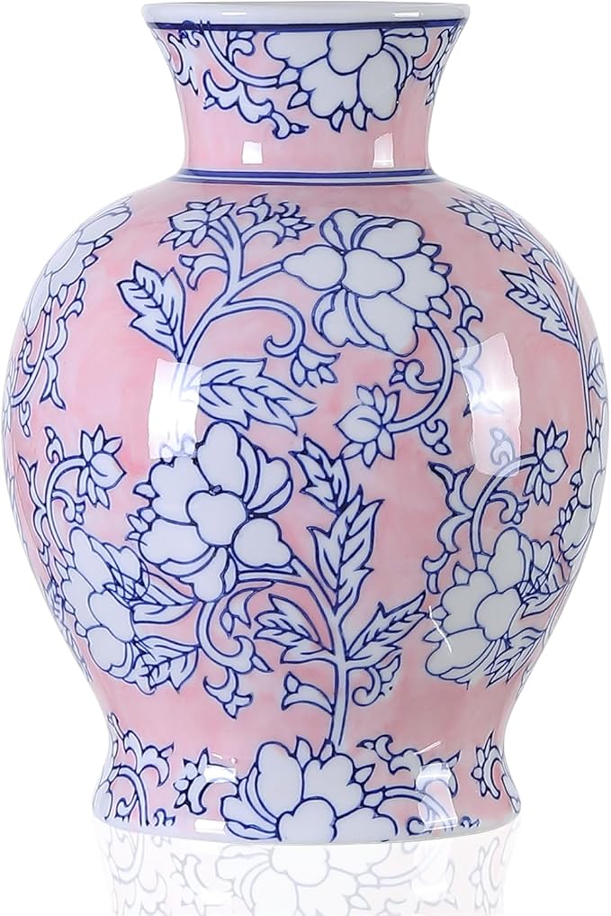 Vintage Chinoiserie Floral Ceramic Vase, Large Rustic Pottery Vases for Living Room, Entryway, Dining Table Centerpiece, Farmhouse Home Décor, Floor or Tabletop Flower Vase, (Pink)