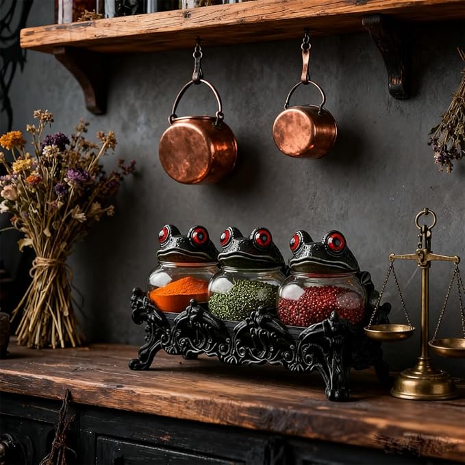 Witchy Frog Apothecary Spice Jars, Unique Witch Spice Jars, Gothic Food Storage Containers with Frog Lids, Kitchen Storage for Spices/Herbs, Fun Salt and Pepper Shakers Seasoning Container