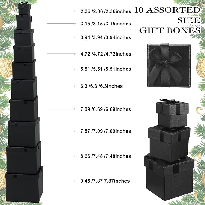 Tenceur 10 Pcs Gift Boxes with Lids Heavy Duty Nested Assorted Sizes Cardboard Gift Boxes for Presents with Ribbon for Xmas Holiday Present(Black,10 Size)