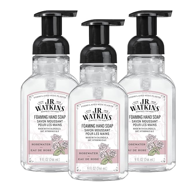J.R. Watkins Foaming Hand Soap with Pump Dispenser, Moisturizing Foam Hand Wash, Alcohol-Free, Cruelty-Free, Rosewater, 9 fl oz, 3 Pack