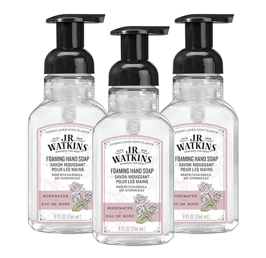 J.R. Watkins Foaming Hand Soap with Pump Dispenser, Moisturizing Foam Hand Wash, Alcohol-Free, Cruelty-Free, Rosewater, 9 fl oz, 3 Pack