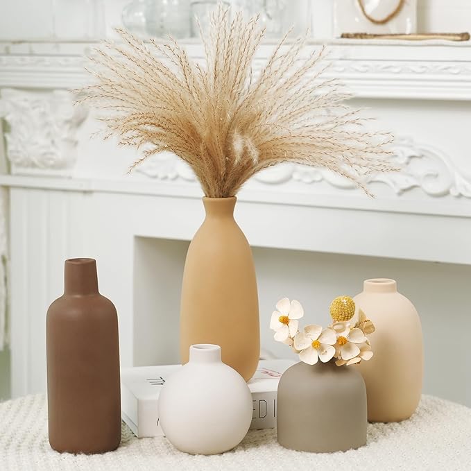 Modern Ceramic Vase Set of 5, Vases Home Decor Rustic Farmhouse Decorative Vase Pottery Vases for Bouquet Pampas Grass Dried Fresh Flowers, Table Living Room Kitchen Bedroom