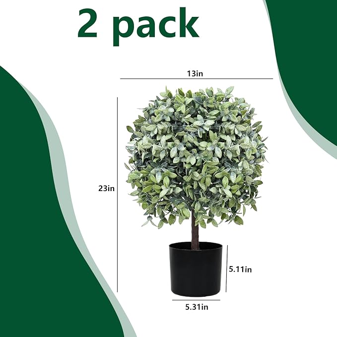 Topiary Trees Artificial Outdoor for Front Porch Set of 2 Faux Shrub Plants (23" T,13" D) - Fake Boxwood Ball Shrubs Potted for Home Decor (2 Color-Mix)