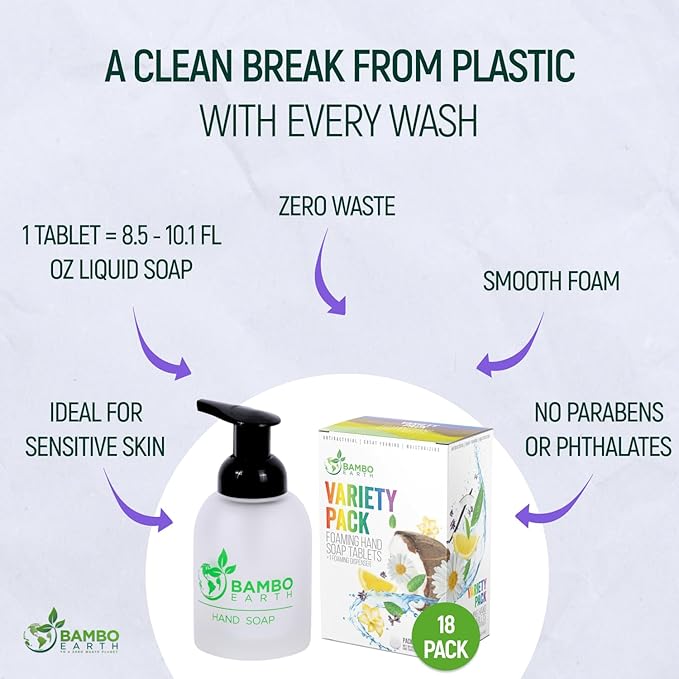 18 Pack Natural Foaming Hand Soap Tablets - Soft Moisturizing Handwash Tab Refills - 1 Tablet = 9 Oz Refillable Liquid Wash Foam Handsoap - Eco-Friendly Paper Softsoap Refill Tabs (Dispenser + 6 Tabs)