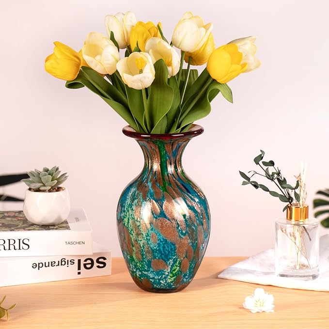 KAMMAK Colored Glass Vase, Beautiful Hand Blown Decorative Vase, Modern Art Vase for Flower Mantle Dining Table Centerpiece, Entryway Living Room Wedding Decoration, FH002
