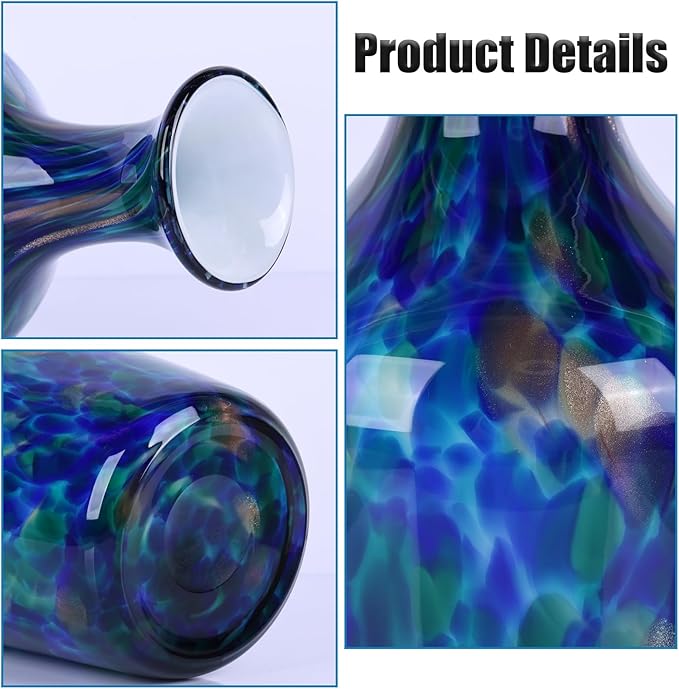 12.2" Tall Hand Blown Glass Vase – Pretty Teal Decorative Flower Vase, Modern Vintage Fusion Home Decor, Colorful Murano Glass Vases for Table Centerpieces, Living Room, Bathroom, Entry Table